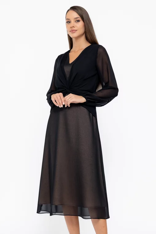 Rochie Caramel midi din voal cu nod in talie neagră R8570 thumbnail picture - 