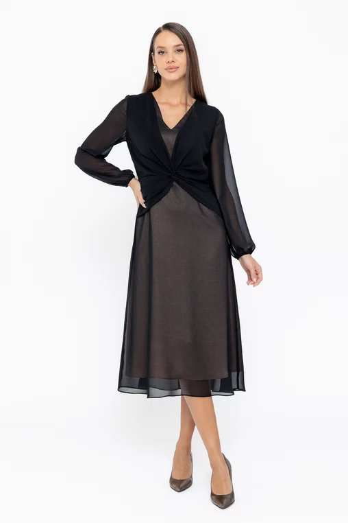 Rochie Caramel midi din voal cu nod in talie neagră R8570 thumbnail picture - 
