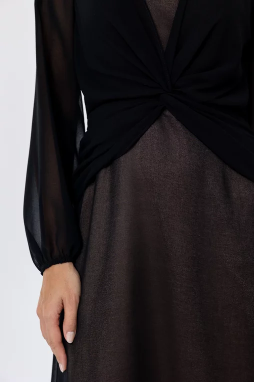 Rochie Caramel midi din voal cu nod in talie neagră R8570 thumbnail picture - 