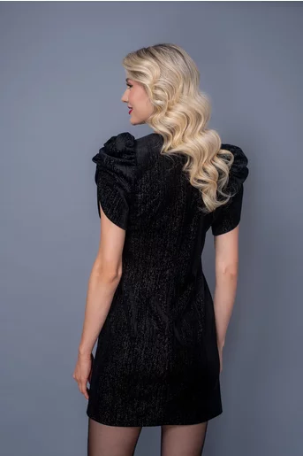 Rochie eleganta din catifea cu fir lame si maneci bufante neagra R8368