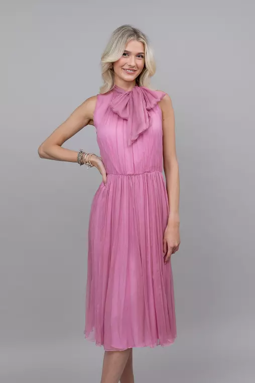 Rochie eleganta din matase cu funda roz R8335 picture - 6