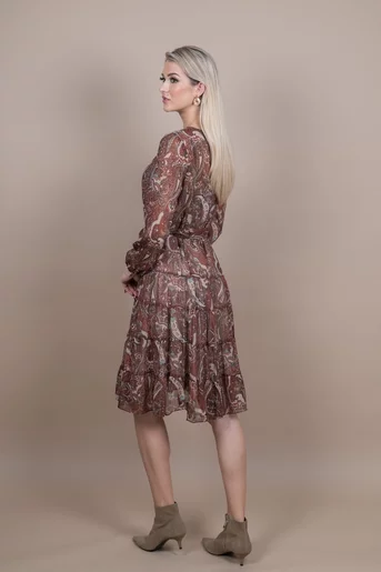 Rochie eleganta imprimeu paisley maro si fir lame R8257