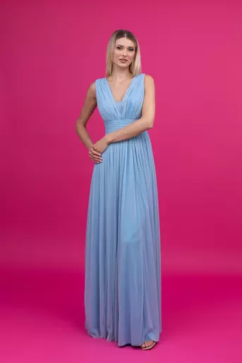 Rochie lunga eleganta din tulle cu sclipici bleu R8328