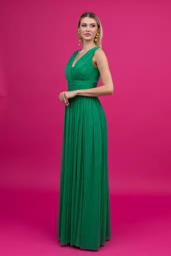 Rochie lunga eleganta din tulle cu sclipici verde R8328