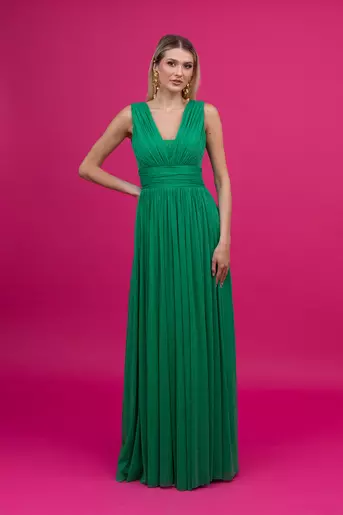 Rochie lunga eleganta din tulle cu sclipici verde R8328