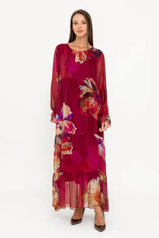 Rochie maxi mătase cu imprimeu floral burgundy RW049 thumbnail picture - 