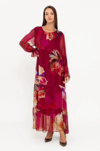 Rochie maxi mătase cu imprimeu floral burgundy RW049