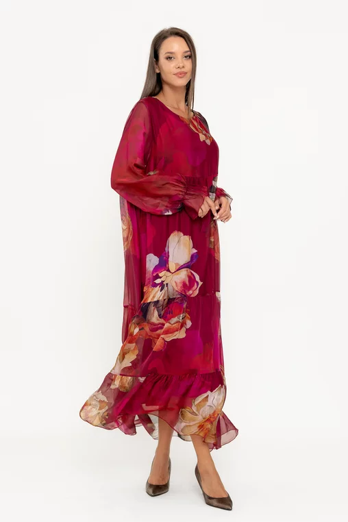 Rochie maxi mătase cu imprimeu floral burgundy RW049 thumbnail picture - 