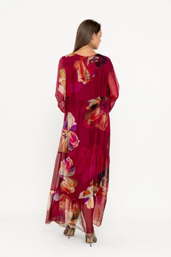 Rochie maxi mătase cu imprimeu floral burgundy RW049