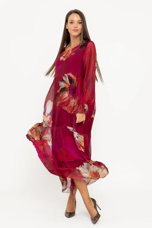 Rochie maxi mătase cu imprimeu floral burgundy RW049 thumbnail picture - 