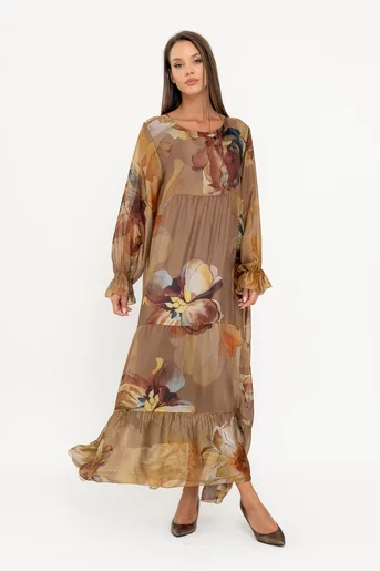 Rochie maxi matase cu imprimeu floral mocha RW049