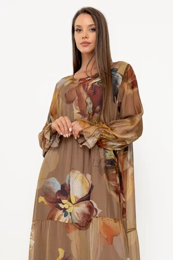 Rochie maxi matase cu imprimeu floral mocha RW049