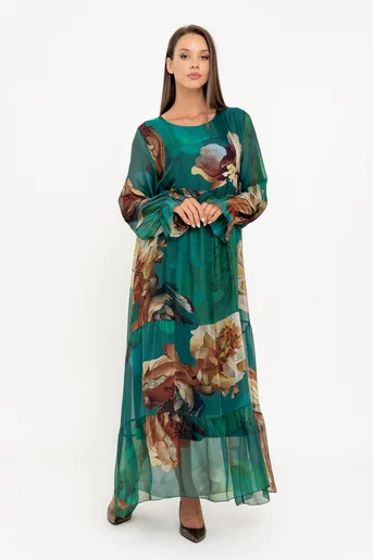 Rochie maxi mătase cu imprimeu floral verde RW035