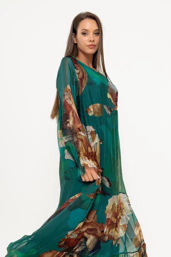 Rochie maxi mătase cu imprimeu floral verde RW035