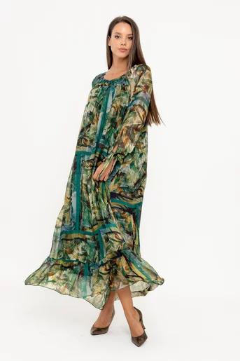 Rochie maxi mătase imprimată verde RW039