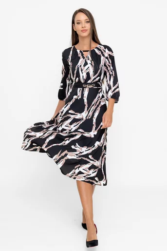 Rochie midi cun accesoriu negru-bej R8567