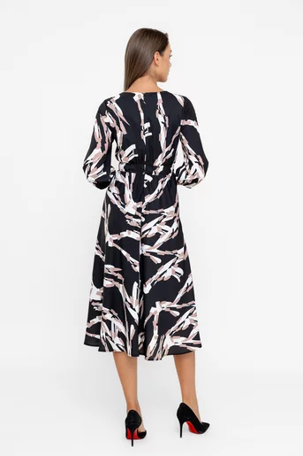 Rochie midi cun accesoriu negru-bej R8567