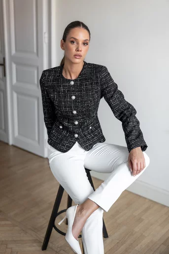 Sacou Caramel elegant cu nasturi perlă negru S1516