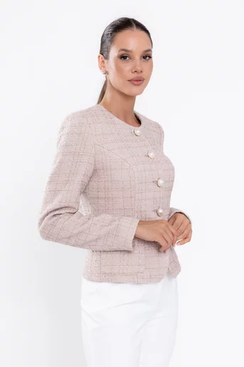 Sacou Caramel elegant cu nasturi perlă roz S1516