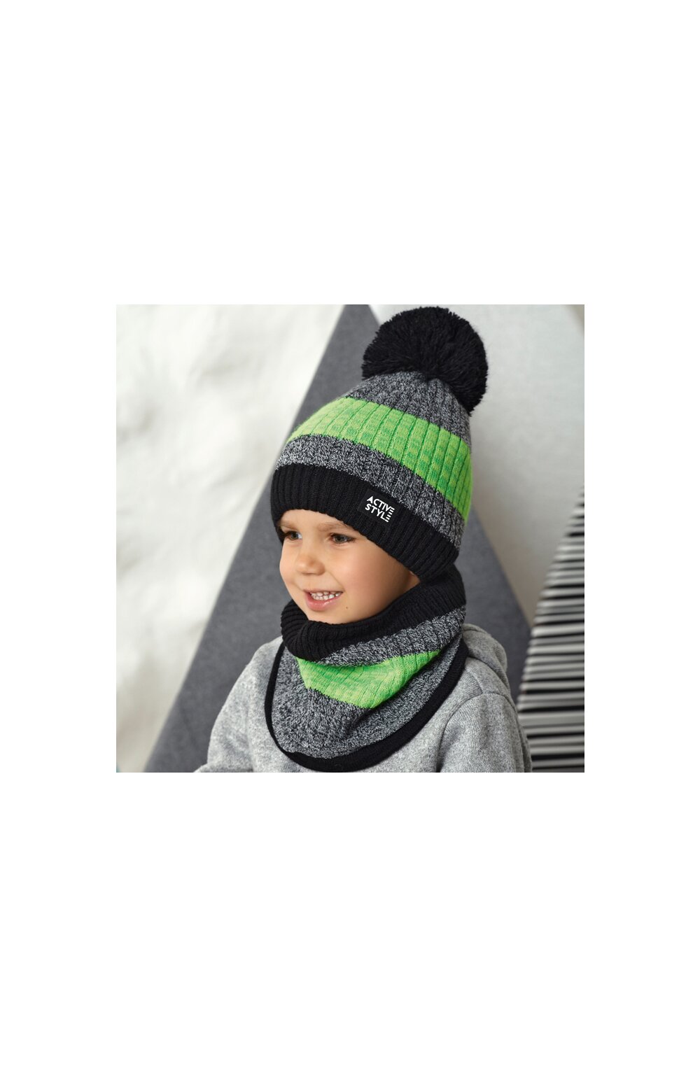Set caciula si fular pentru baieti 4-7 ani - ajs 42-547 gri/verde
