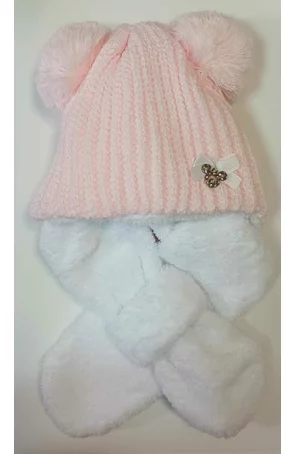 Set caciula si fular pentru fetite 1-6 luni - AJS 36-309 alb, roz