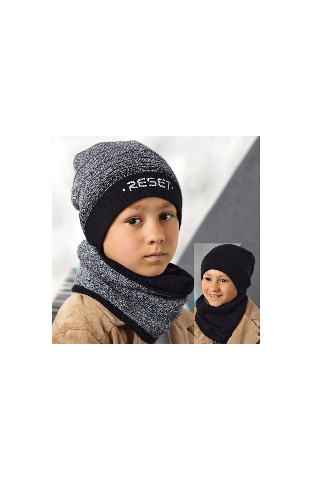 Set caciula si fular (reversibil) pentru baieti 4-7 ani - ajs 42-601 gri/negru