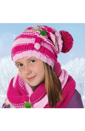 Set caciula si fular pentru fete 5-12 ani - AJS 26-298 roz, magenta, bleumarin, alb, mov