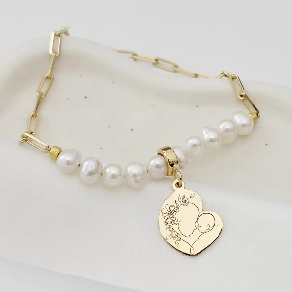 18K Sárga arany bevonatos Ezüst Karkötő – Anyai Szeretet Gyöngyök - Téglalap Szemű Lánc, Gravírozott Szív és Gyöngyök