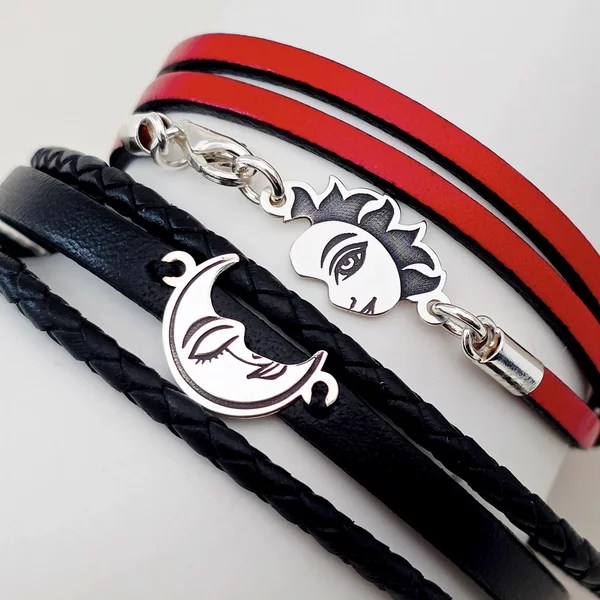 Ezüst Páros Bőr Karkötő Szett - Hold és Nap