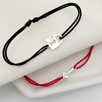 Ezüst Páros Karkötő Szett - Kulcs és Lakat - Swarovski kristállyal - Állítható Zsinór