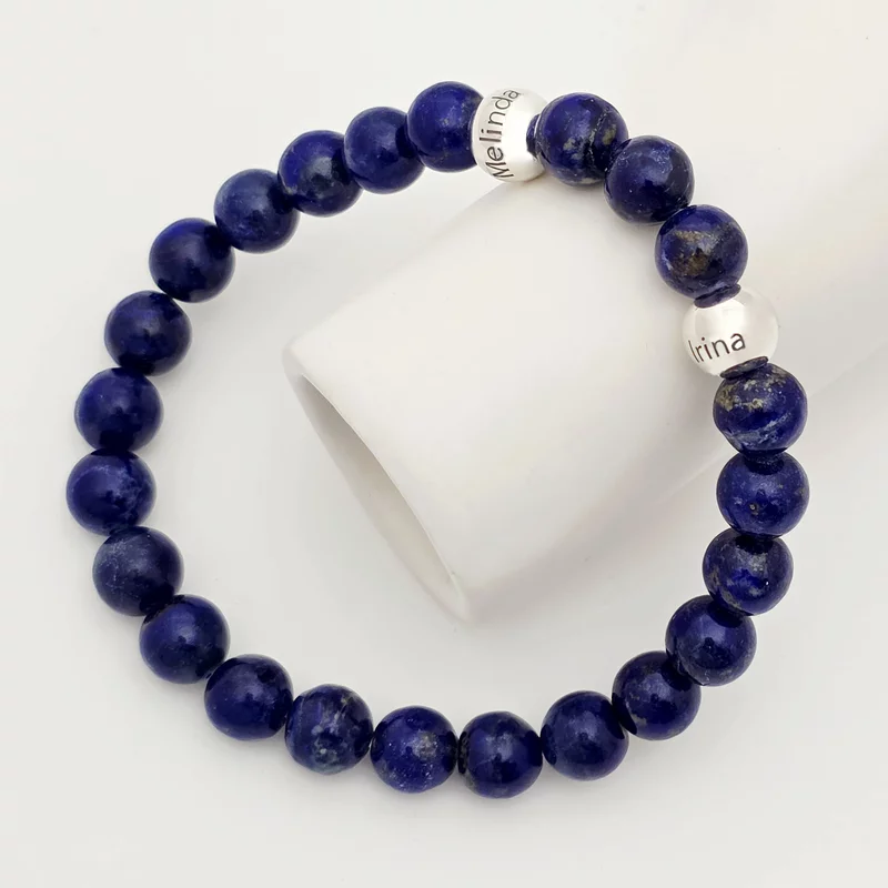 8 mm-es lápisz lazuli ásvány karkötő – 925-ös ezüst golyókkal, rugalmas zsinórral