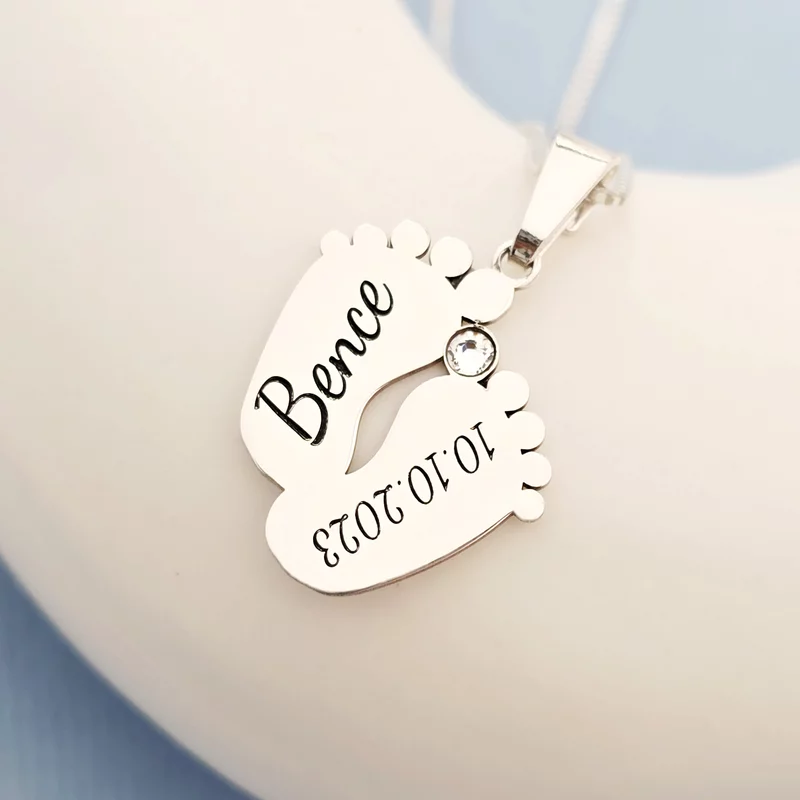 Baba Talp Nyaklánc - 925 Sterling Ezüst - Dátum, Név Swarovski Kristály -Körkapocs