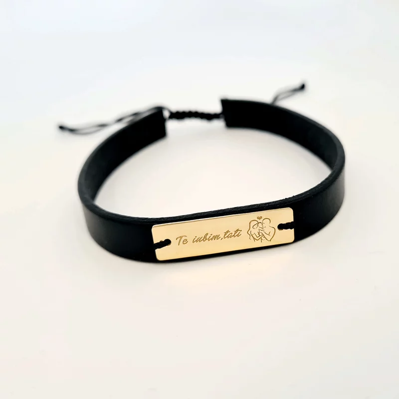 Bevonatos karkötő gravírozott New Parents szimbólummal és szöveggel - 925 ezüstözött 18k arannyal, bőr