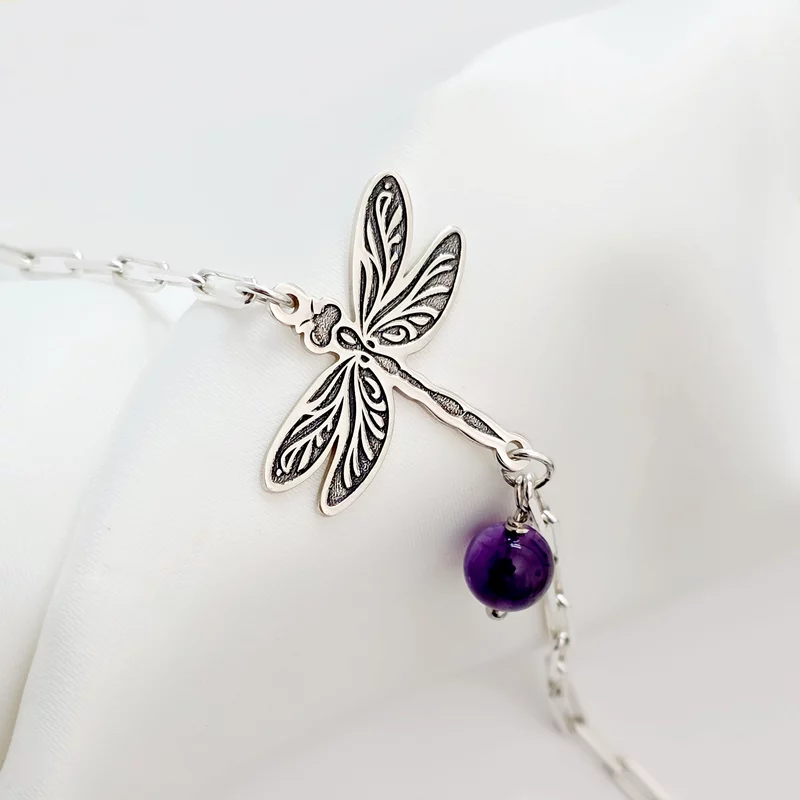 Bokalánc – Szitakötő és Ametiszt – 925 Sterling Ezüst – Lánccal