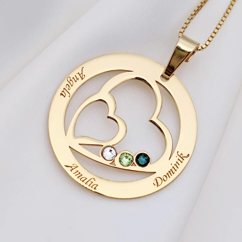 Családi Egyesülés - 3 Név -  18K Sárga Aranyozott 925 Sterling Ezüst Swarovski Kristály - Körkapocs