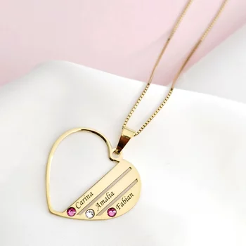 Családi Szív Nyaklánc - 3 Név - 18K Sárga Aranyozott 925 Sterling Ezüst  Swarovski Kristály - Körkapocs