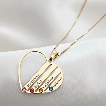 Családi Szív Nyaklánc - 4 Név - 18K Sárga Aranyozott 925 Sterling Ezüst Swarovski Kristály - Körkapocs