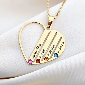 Családi Szív Nyaklánc - 4 Név - 18K Sárga Aranyozott 925 Sterling Ezüst Swarovski Kristály - Körkapocs