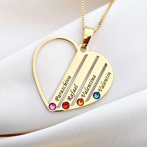 Családi Szív Nyaklánc - 4 Név - 18K Sárga Aranyozott 925 Sterling Ezüst Swarovski Kristály - Körkapocs