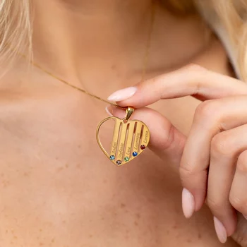 Családi Szív Nyaklánc - 5 Név - 18K Sárga Aranyozott 925 Sterling Ezüst  Swarovski Kristály - Körkapocs