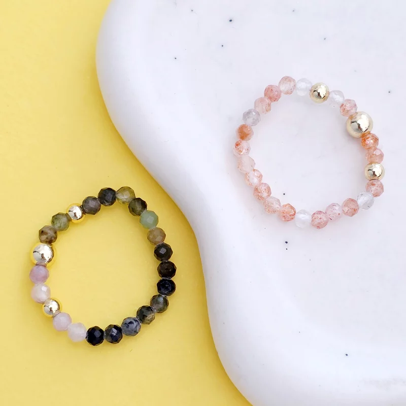 DUO ÉLETERŐ gyűrű szett - ásványgyöngyök és 18 K Sárga Aranyozott Ezüst golyók