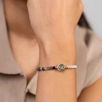 ÉLETERŐ Karkötő - A Szépség Metamorfózisa - 18K Sárga Aranyozott Sterling Ezüst érmével és gömbökkel 2.5 mm - fazettált Turmalin ásvány gyöngyökkel - állítható nude zsinór