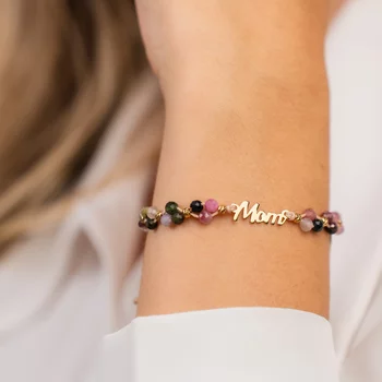 ÉLETERŐ Karkötő - Anyai Kötelék - MOM, szív charm és 925 Sterling Ezüst gömbök, - Fazettált Turmalin ásvány gyöngyök - Zöld zsinór