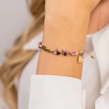 ÉLETERŐ Karkötő - Anyai Kötelék - MOM, szív charm és 925 Sterling Ezüst gömbök, - Fazettált Turmalin ásvány gyöngyök - Zöld zsinór