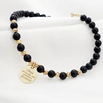 ÉLETERŐ Karkötő - Siker Kulcsa - Charm és 18K Sárga Aranyozott 925 Sterling Ezüst gömbök, - Ónix ásvány gyöngyök -  Karabíner kapocs lánchosszabbítóval