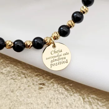 ÉLETERŐ Karkötő - Siker Kulcsa - Charm és 18K Sárga Aranyozott 925 Sterling Ezüst gömbök, - Ónix ásvány gyöngyök -  Karabíner kapocs lánchosszabbítóval