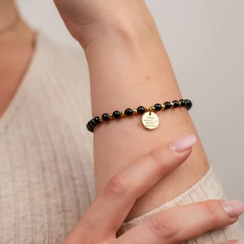 ÉLETERŐ Karkötő - Siker Kulcsa - Charm és 18K Sárga Aranyozott 925 Sterling Ezüst gömbök, - Ónix ásvány gyöngyök -  Karabíner kapocs lánchosszabbítóval