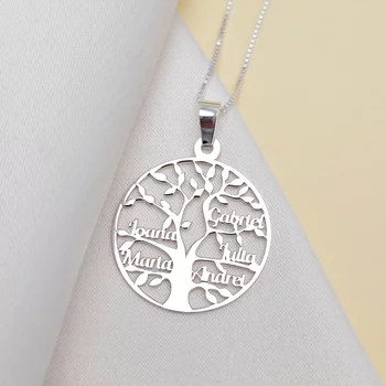 Életfa Nyaklánc - Személyre Szabott Nevekkel -  925 Sterling Ezüst - Körkapocs