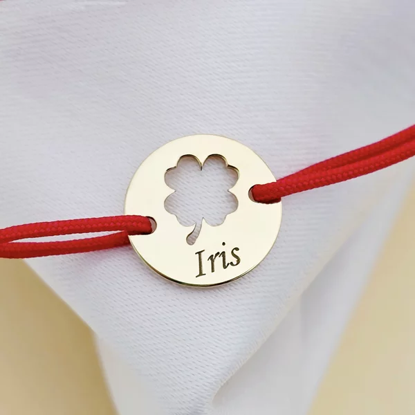 Érme Karkötő - Kivágott Lóhere és Név - 12 mm - 18K Sárga Aranyozott Sterling Ezüst - Állítható Zsinór