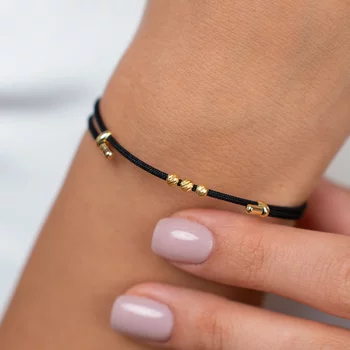 Fekete Zsinóros Karkötő –  3 db 3 mm-es Gyöngyökkel – 18K Sárga Aranyozott  925 Sterling Ezüst